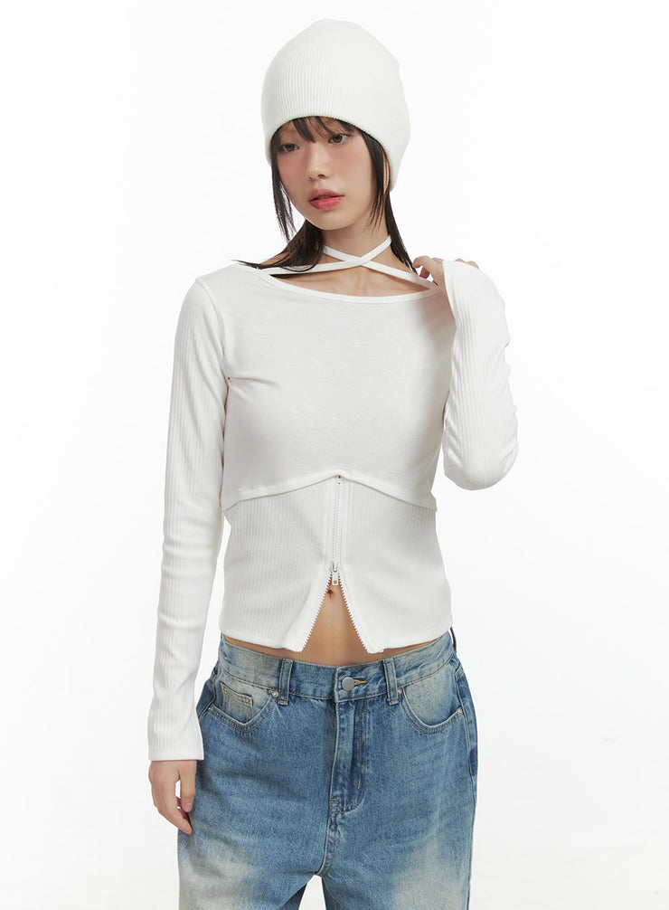 halter-strap-zip-up-cropped-top-co410 / White