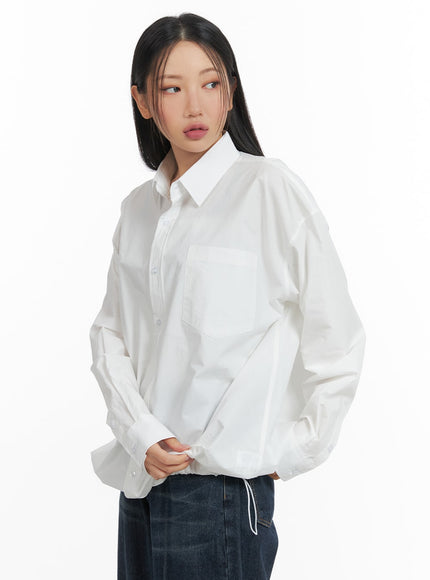 unisex-drawstring-solid-shirt-blouse-cm418 / White