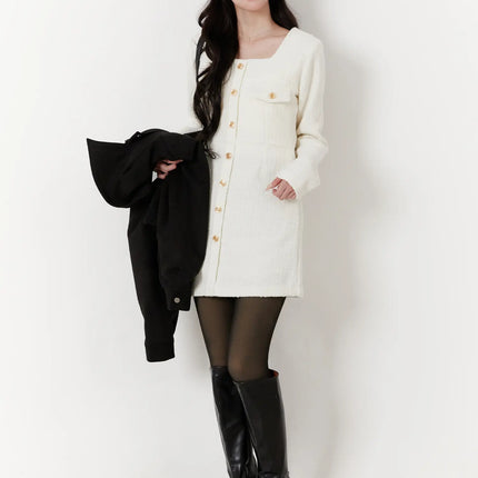 tweed-button-up-mini-dress-cd523 / White