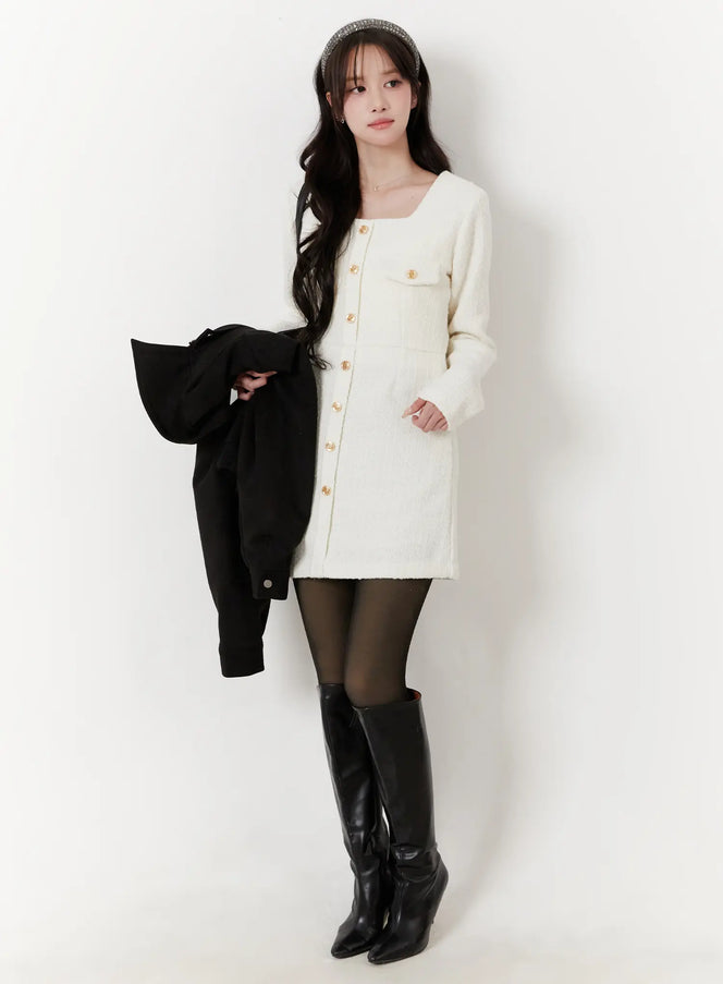 tweed-button-up-mini-dress-cd523 / White