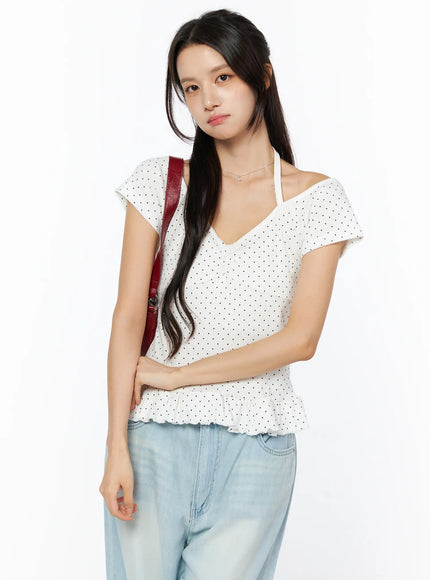frill-hem-polka-dot-halter-short-sleeve-top-cu522 / White