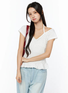 frill-hem-polka-dot-halter-short-sleeve-top-cu522 / White