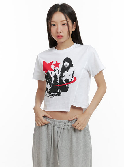 unbalanced-graphic-crop-tee-cl417 / White