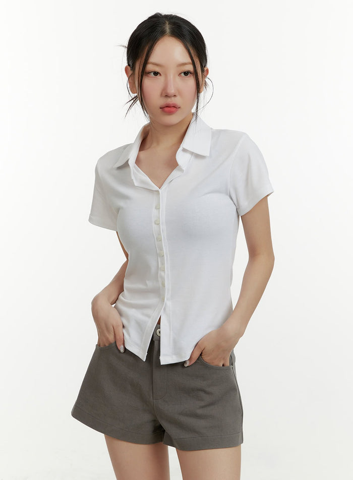 slim-fit-collar-buttoned-top-cy408 / White