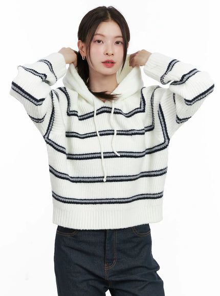 striped-knit-hoodie-sweater-cn518 / White