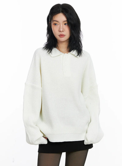oversized-knit-polo-sweater-cj523 / White