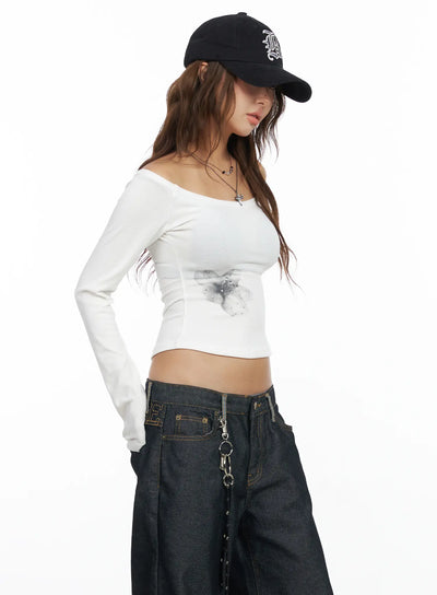 floral-off-shoulder-long-sleeve-crop-top-cf512 / White