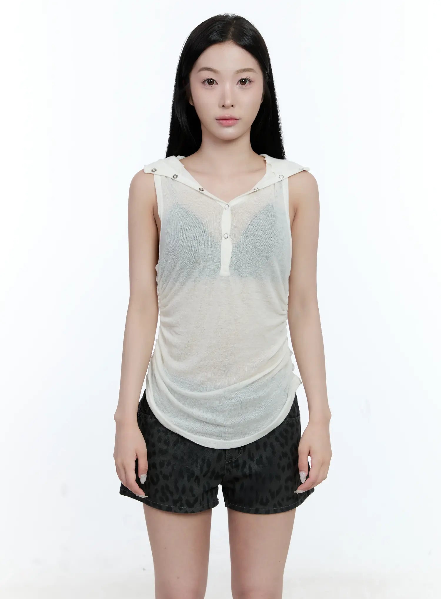 sheer-hooded-sleeveless-top-cg501 / White