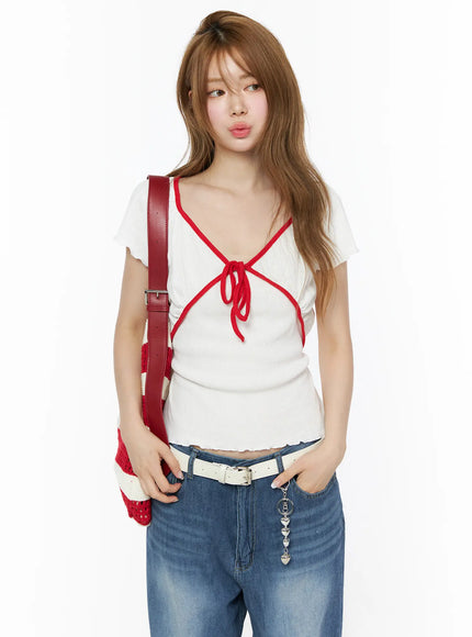 v-neck-ribbon-short-sleeve-top-iu515 / White