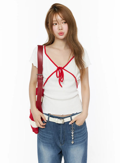 v-neck-ribbon-short-sleeve-top-iu515 / White