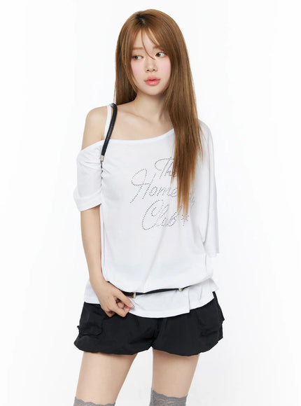 one-shoulder-oversized-rhinestone-tee-iu515 / White