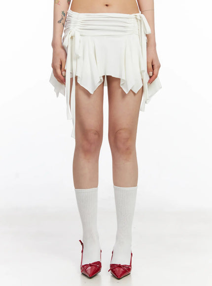 asymmetrical-ruched-flared-mini-skirt-cj522 / White