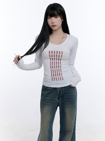 graphic-lettering-slim-fit-long-sleeve-top-cd419 / White