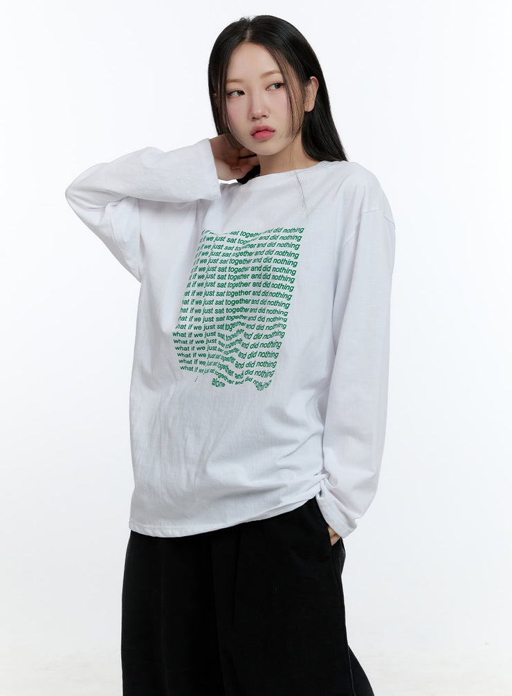 oversized-graphic-phrase-long-sleeve-top-cd424 / White