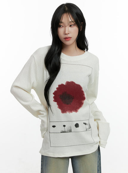 floral-ribbed-long-sleeve-tee-cn407 / White