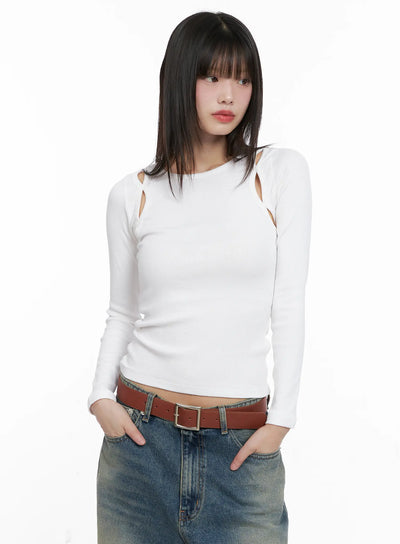 ribbed-cut-out-long-sleeve-top-cg518 / White