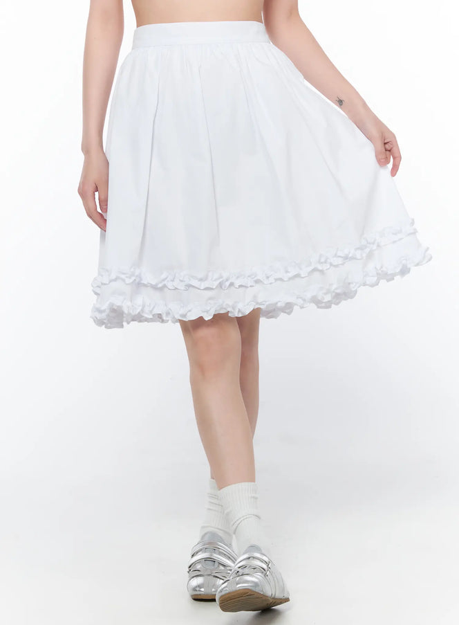 frilled-shirred-midi-skirt-ca528 / White