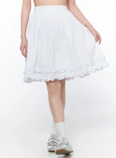 frilled-shirred-midi-skirt-ca528 / White
