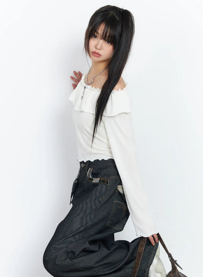 off-shoulder-frill-long-sleeve-top-cf506 / Light beige