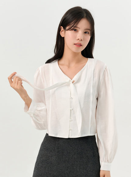 buttoned-tie-collared-blouse-oo327 / White