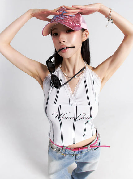 striped-lace-halter-top-cu511 / White