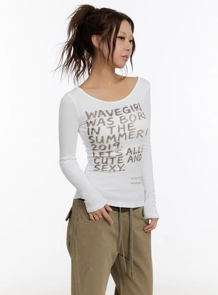 slim-fit-lettering-long-sleeve-top-cn527 / White