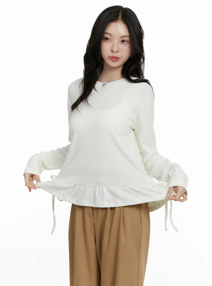 frill-ribbon-long-sleeve-top-f502 / White