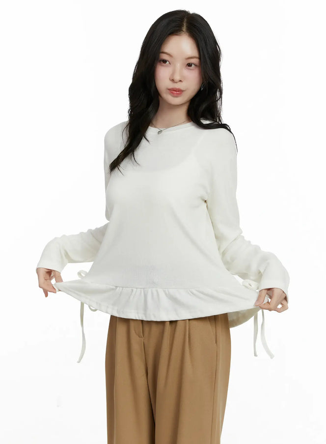frill-ribbon-long-sleeve-top-f502 / White