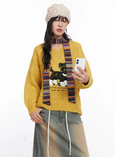 graphic-v-neck-knit-sweater-co507 / Yellow