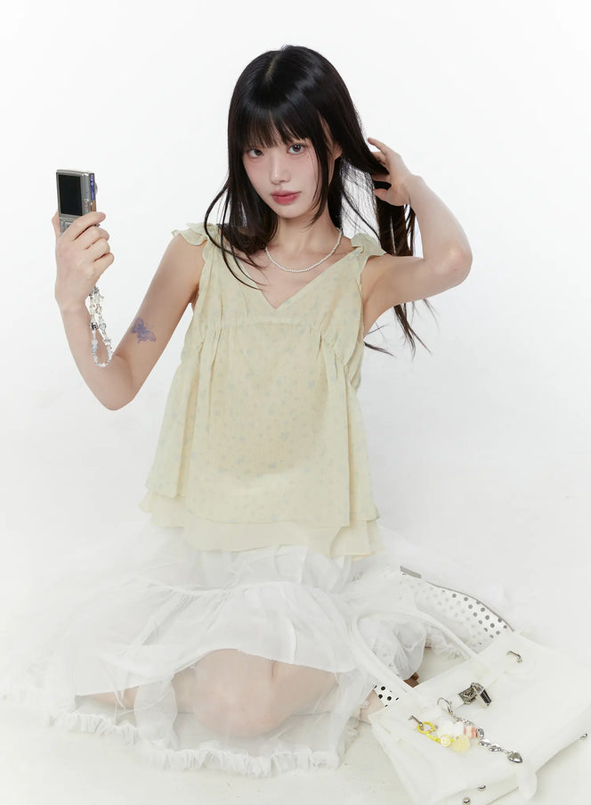 floral-layered-sleeveless-top-cu508 / Yellow