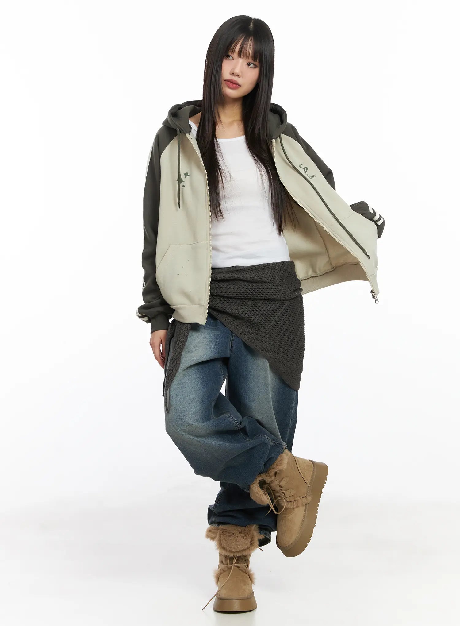 Eliza Fleece-Lined Washed Wide Leg Jeans CD518 in blue, full-body front on model, wide-leg washed denim layered with knit wrap and zip-up hoodie, tan fur boots.