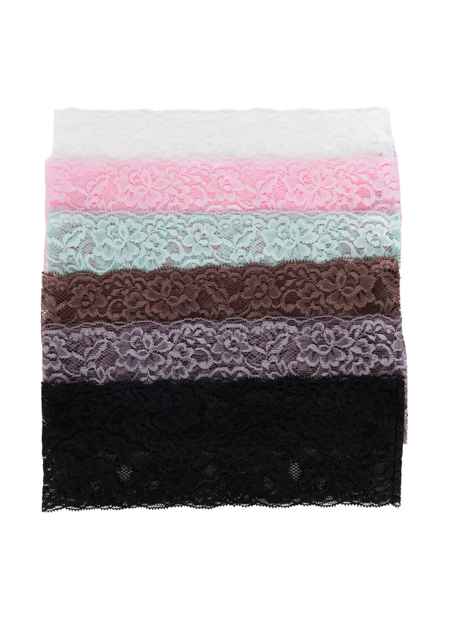 Lace Headband CY520 flat lay showing all color variants stacked: white, pink, mint, brown, lavender, black floral lace nylon-spandex bands, one size.