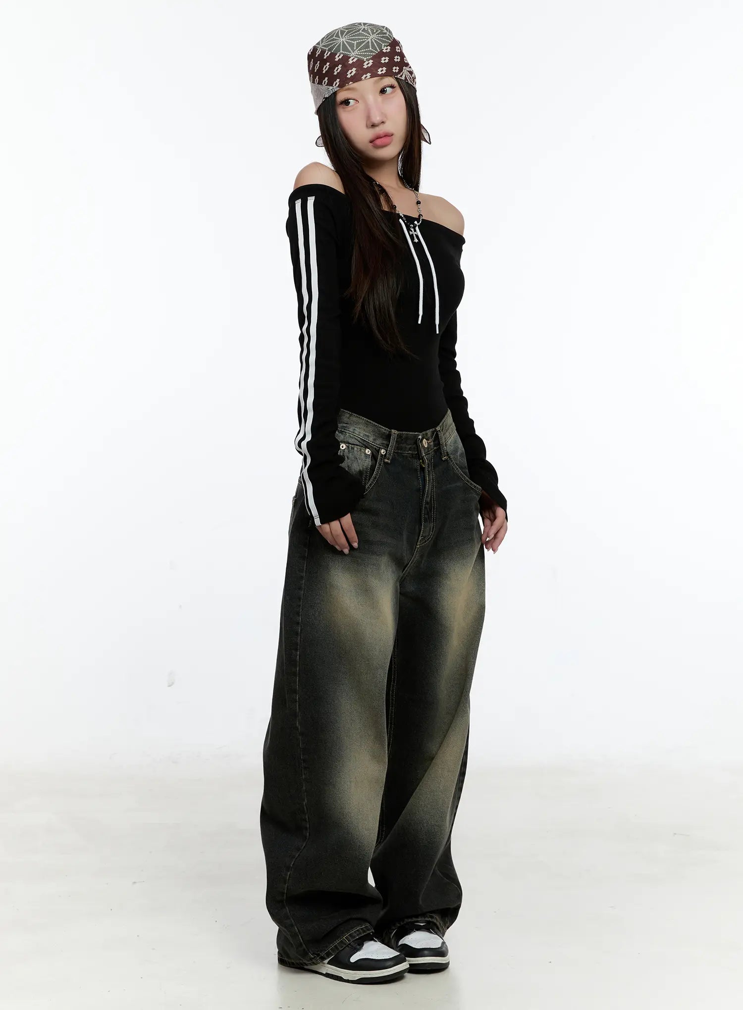 Emerie Washed Wide-Leg Baggy Jeans CS518 in dark blue, full-body front on model, floor-length wide-leg silhouette with vintage faded wash, styled with black off-shoulder stripe top and bandana hat.