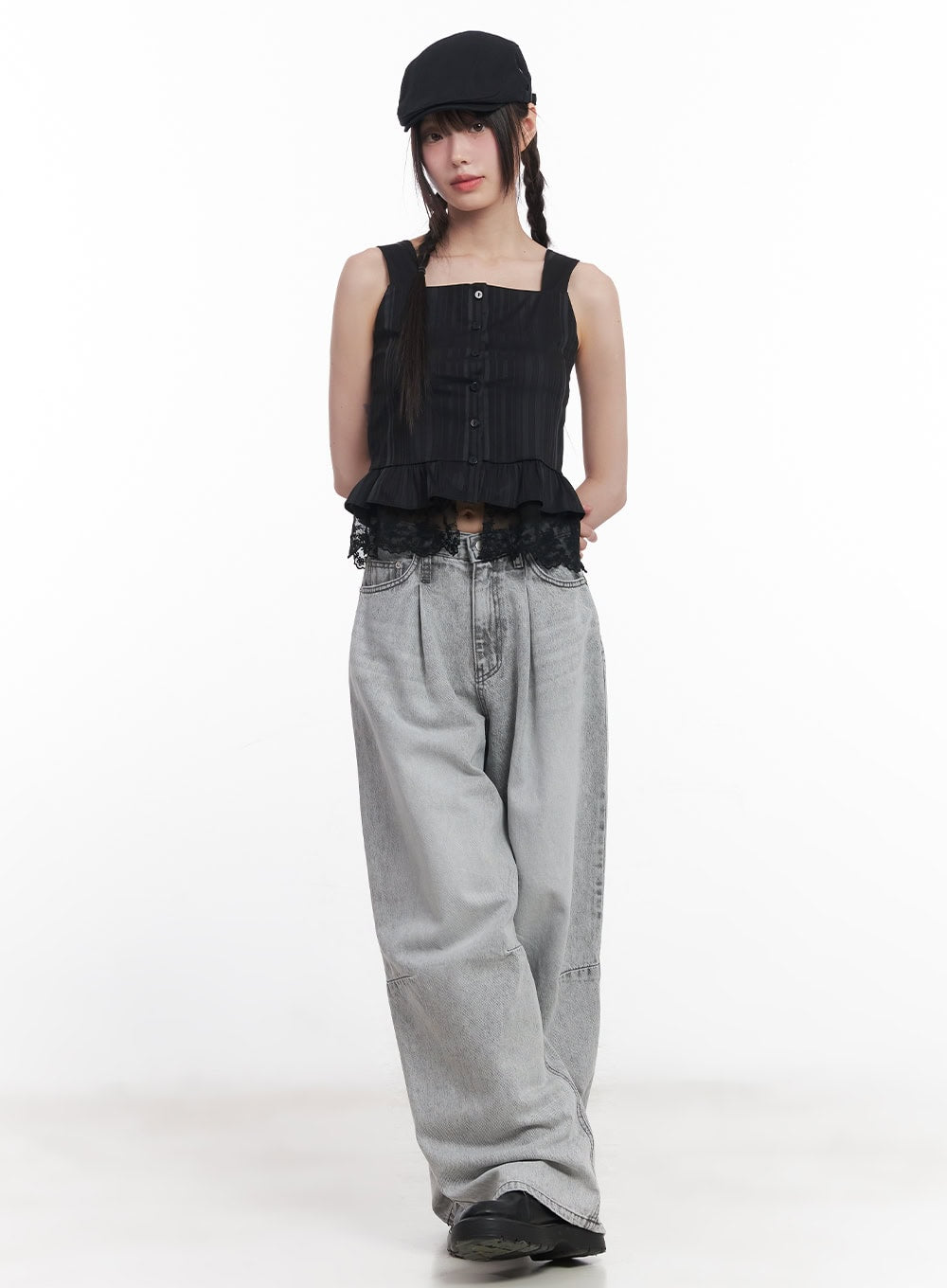 Melisa Washed Wide-Fit Jeans CU506 in gray, full-body front on model styled with black lace-trim cami top and newsboy cap, oversized wide-leg washed denim street look.