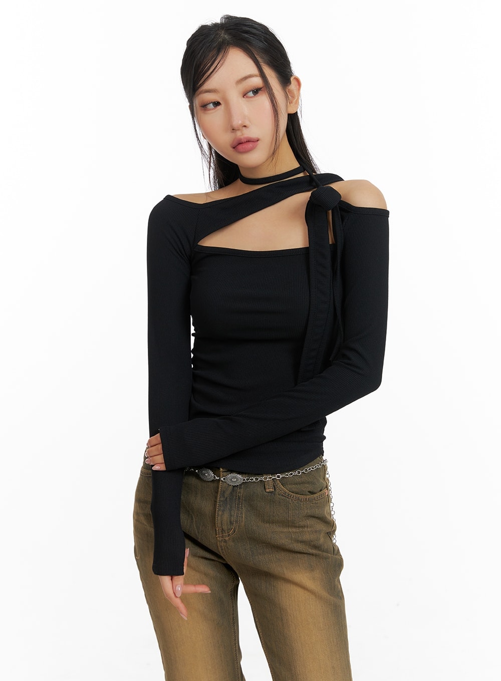 solid-asymmetrical-neck-cut-out-long-sleeve-top-cm411