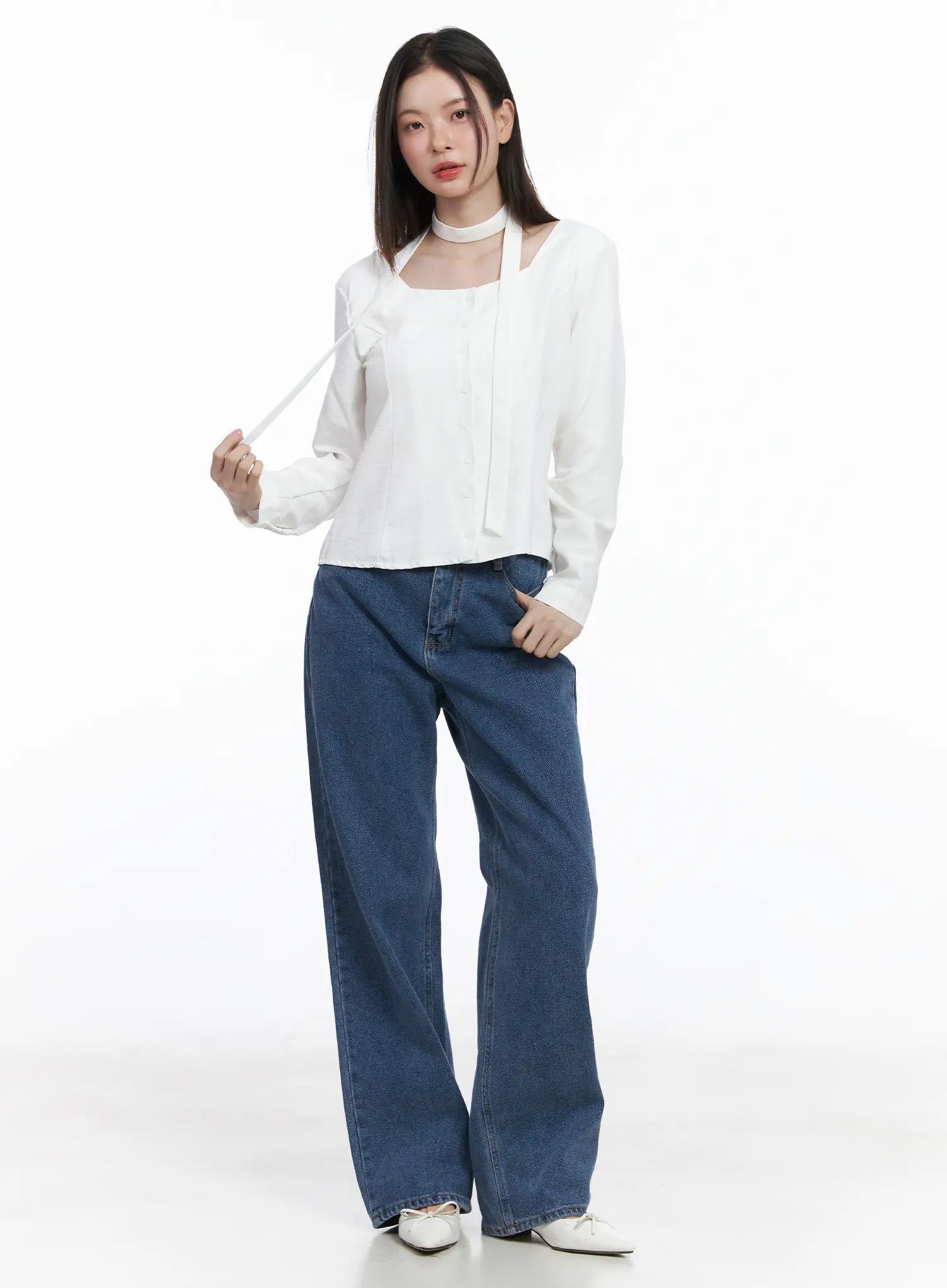 Ashlyn High-Waist Fleece-Lined Wide-Leg Jeans CJ507 in blue, full-body front shot on model, long wide-leg fit styled with white choker blouse and white flats.