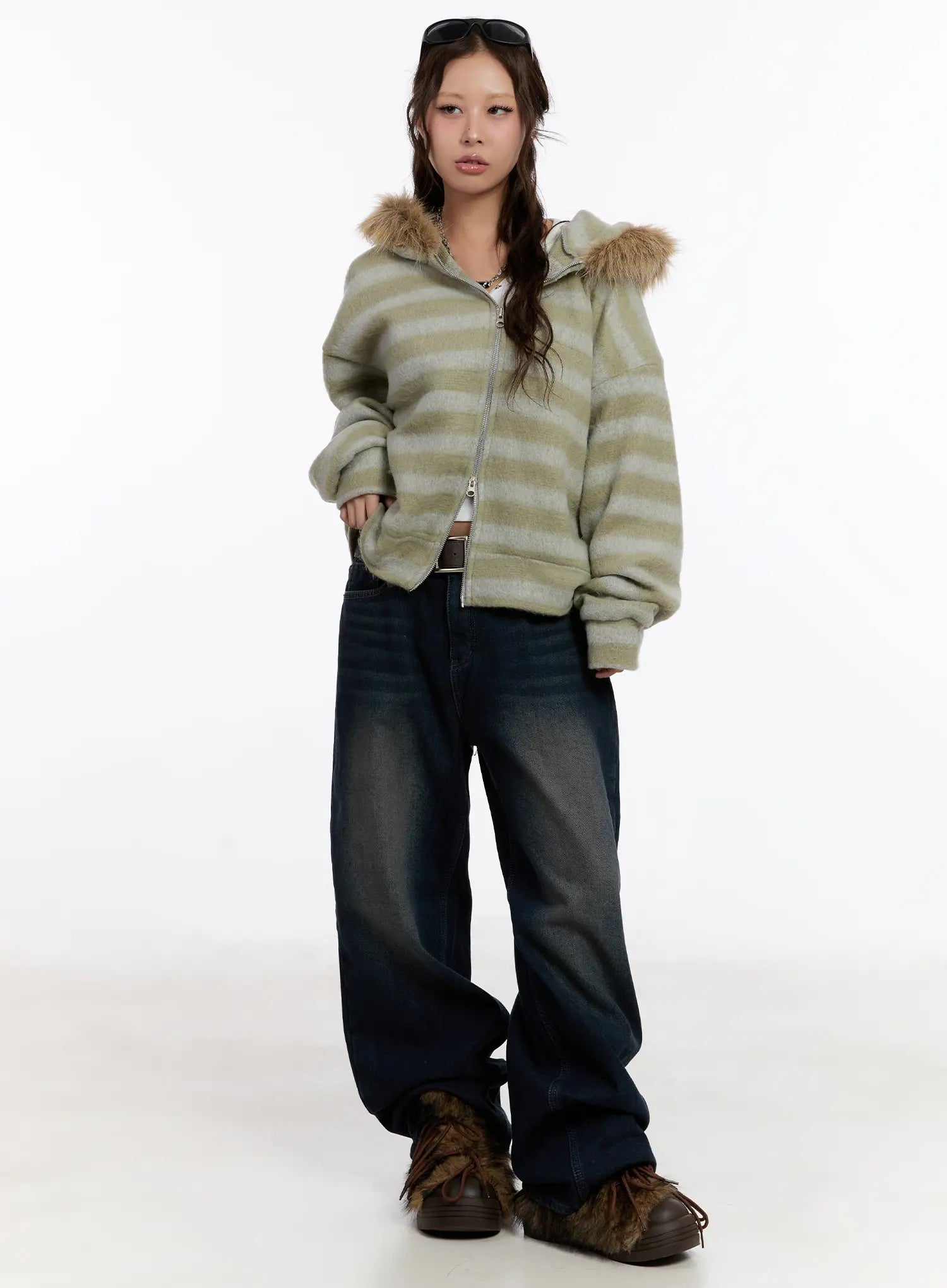 Auro Fleece-lined Wide Leg Jeans CN527 in dark blue, full-length front view on model, ultra-wide washed denim paired with striped fur-trim hooded jacket and chunky boots.