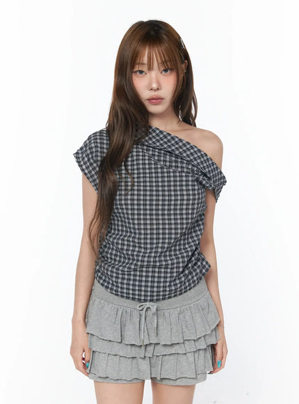 asymmetric-ruched-plaid-blouse-cy519