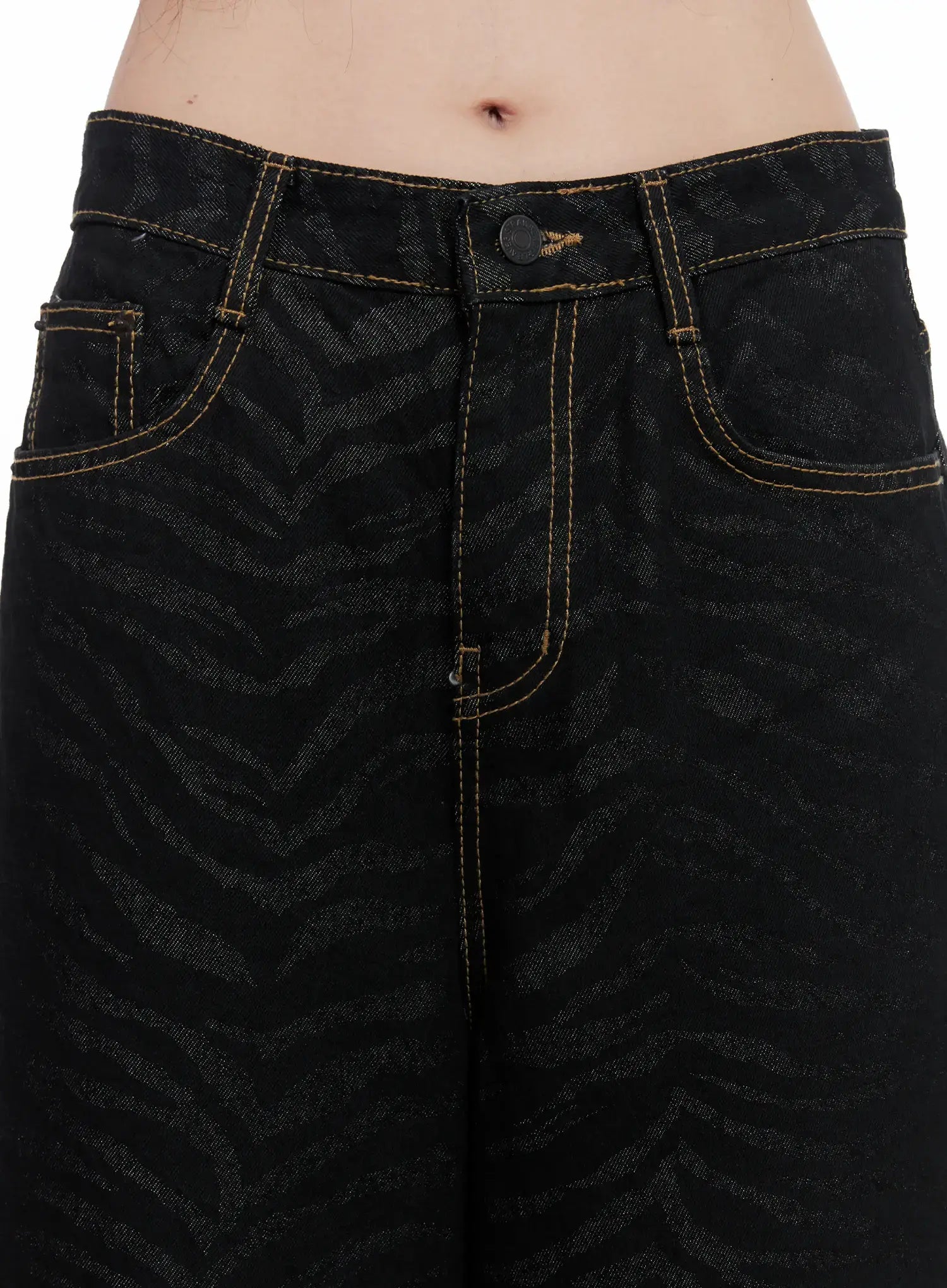Freyja Animal Print Wide Leg Jeans IS508 in black, waistband close-up, zebra-print denim with gold contrast stitching, button closure, and five-pocket design.