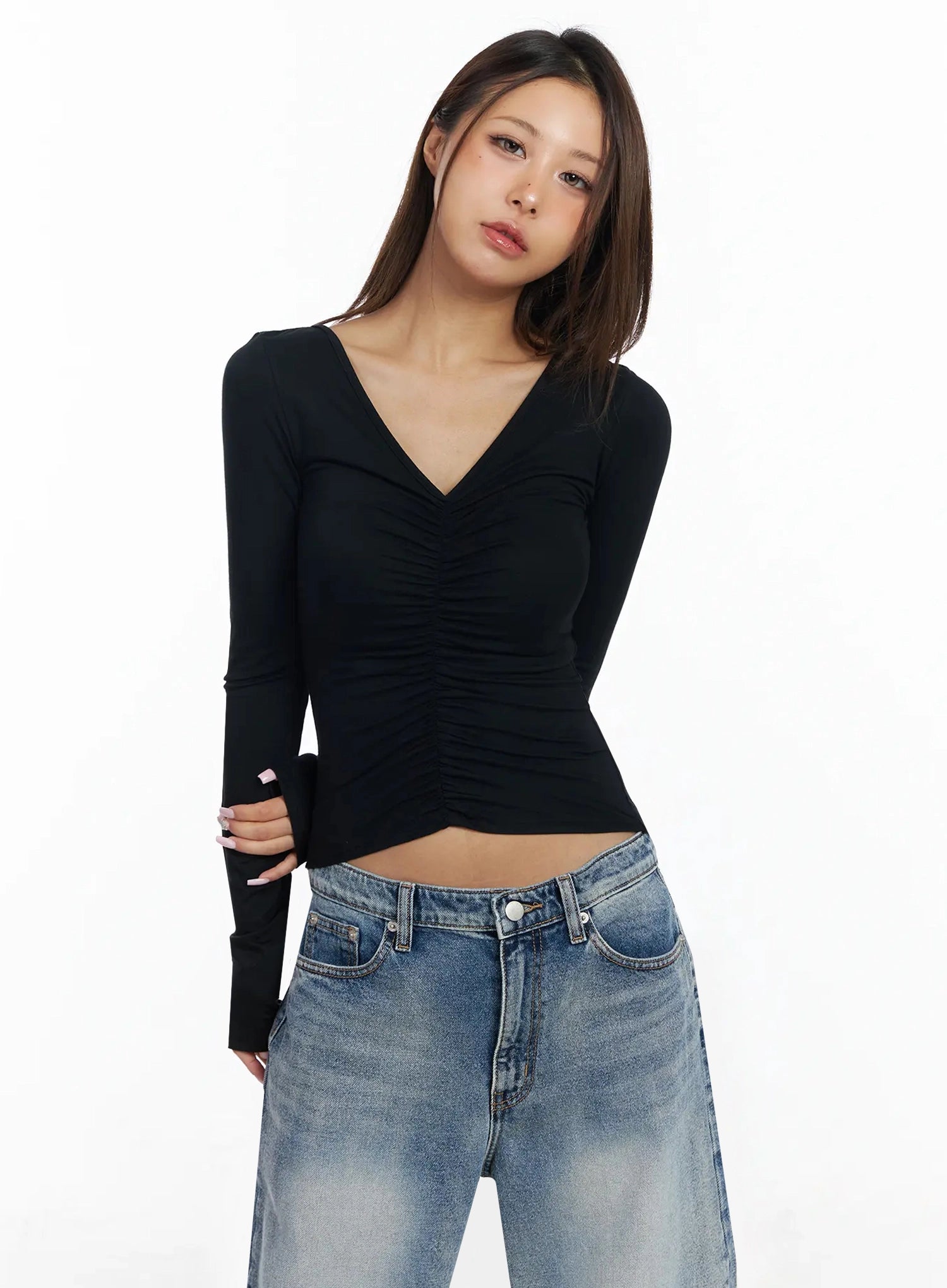 v-neck-shirred-long-sleeve-top-ia527