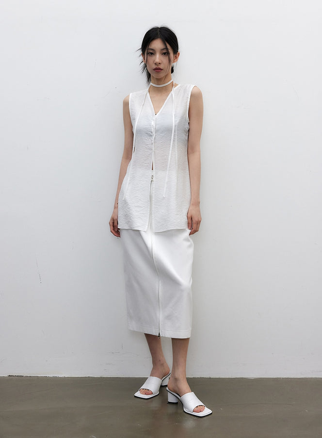 Square Open Toe Mules IY331 in white, full-length front view on model standing, minimal block heel mules paired with white sleeveless top and white zip midi skirt.