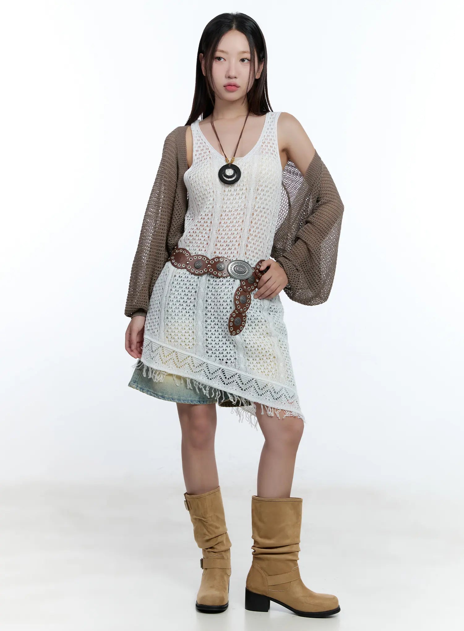 Vintage Wash Jorts CU527 in light blue, full-body editorial shot on model, bohemian layered look with crochet dress, brown knit cardigan, belt, and tan boots.