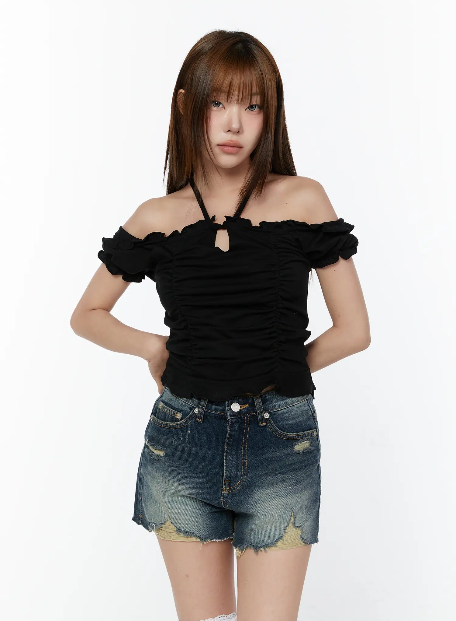 front-tie-ruched-off-shoulder-blouse-cy519