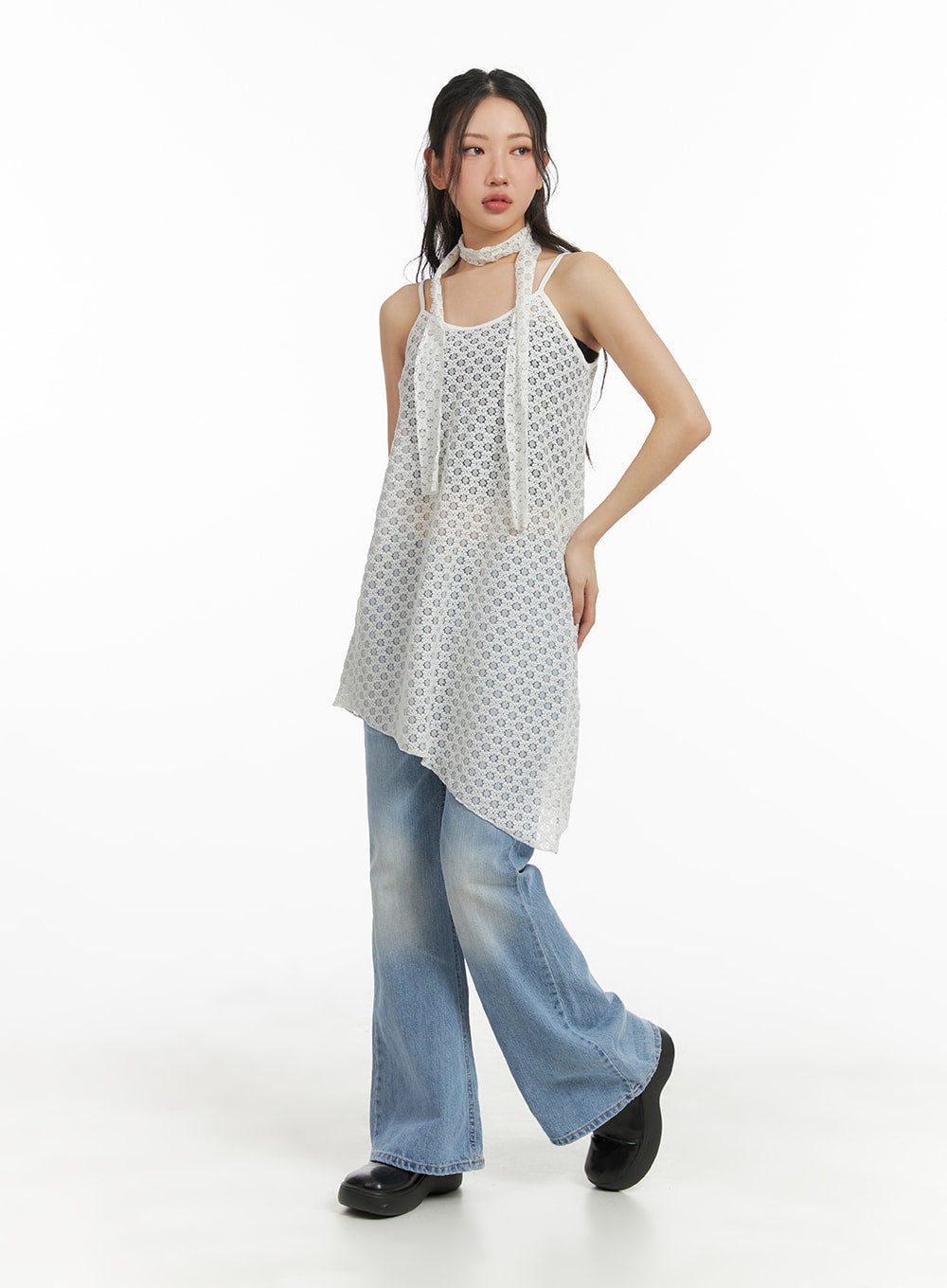 asymmetric-lace-mini-dress-with-scarf-cm426
