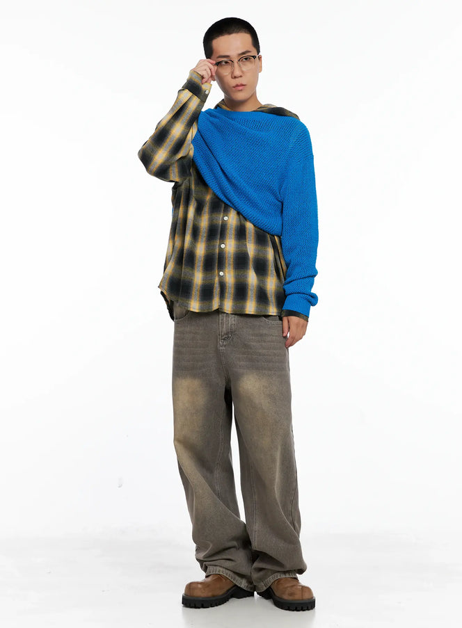 Men's Plaid Flannel Hooded Shirt IG529 in yellow, full-body styling shot layered under blue open-knit sweater draped off shoulder, with grey wide-leg jeans and chunky boots.