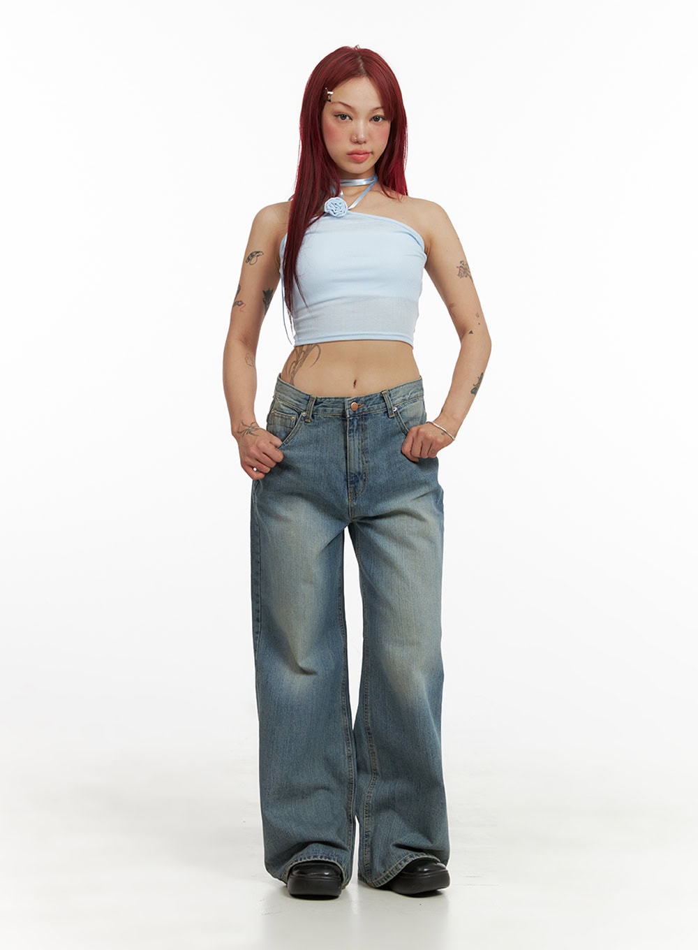 Wide Washed Denim Jeans CY429 in blue, full-body front shot on model, wide-leg washed denim paired with a light blue halter crop top and black platform shoes, street acubi style.