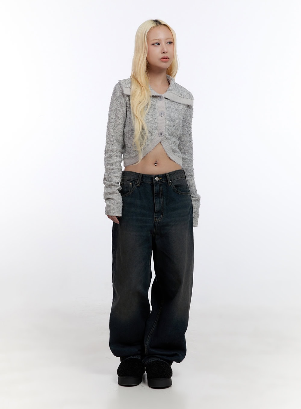 Lyla Wide Leg Jeans CO423 in dark blue, full-length front on model, wide-fit washed denim styled with a grey cropped cardigan and chunky black platform shoes.