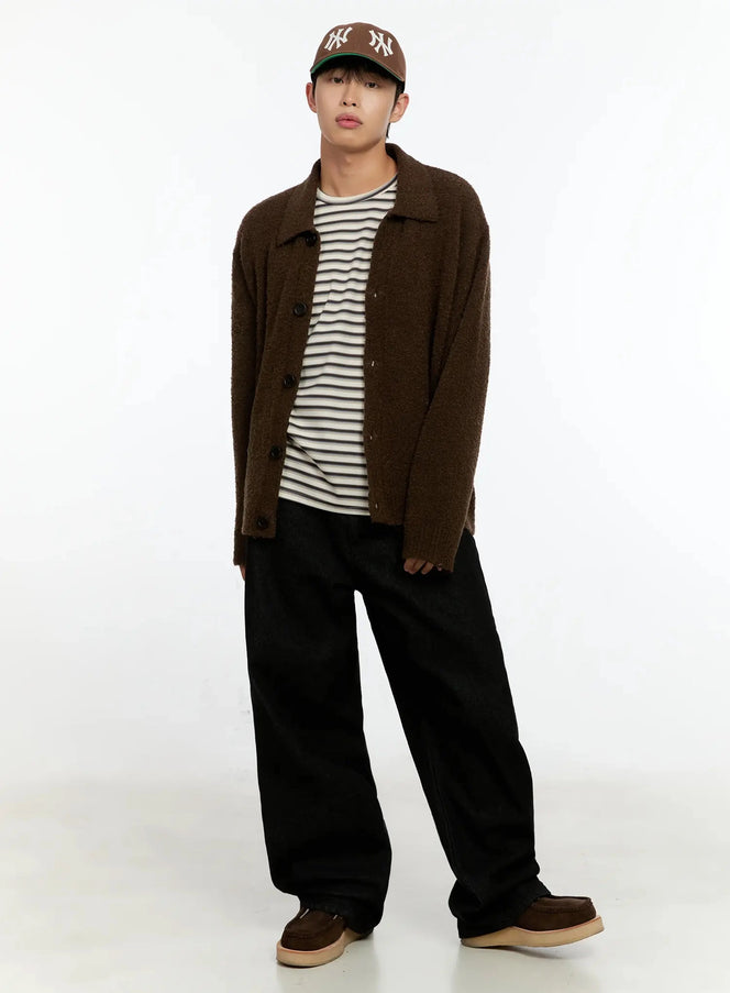 Men's Simple Wool Collar Cardigan IN525 in brown, full-body front shot on model wearing NY cap, wide-leg black trousers and suede loafers, relaxed oversized silhouette.