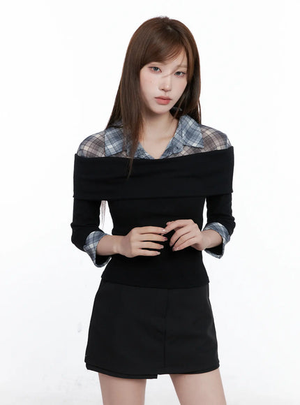 plaid-collar-layered-long-sleeve-top-cg529