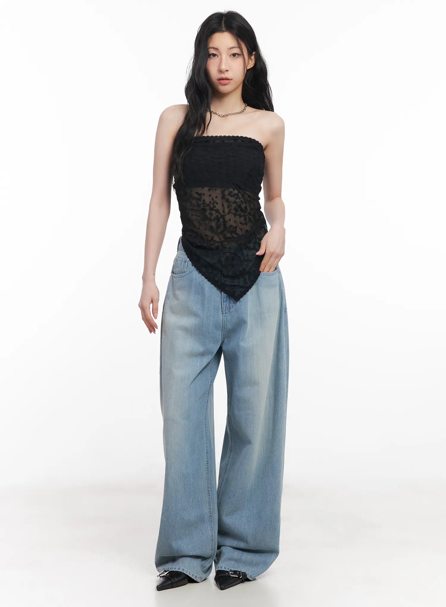 Rose Washed Baggy Summer Denim Jeans CU511 in light blue, full-length front view on model, wide-leg washed denim paired with black sheer lace tube top and chain necklace.